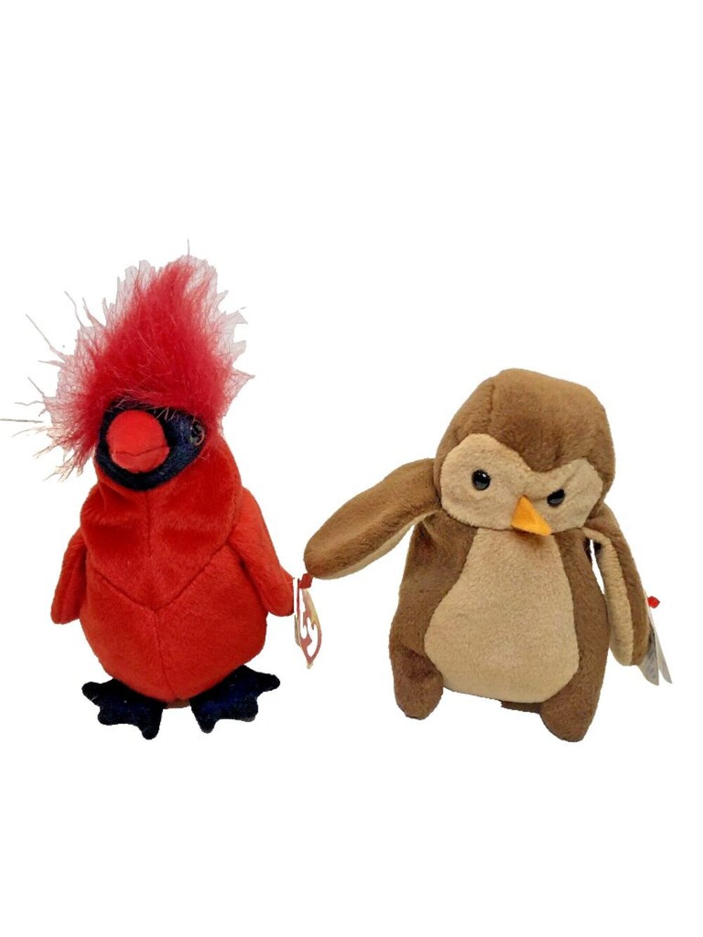 Ty Beanie Babies Mac (1999) & Hoot (1995) Red Cardinal Owl Birds Plush